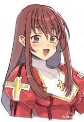 Rule 34 | 1girl, breasts, brown eyes, brown hair, cross, erica fontaine, jewelry, long hair, looking at viewer, medium breasts, murata tefu, necklace, open mouth, sakura taisen, sakura taisen iii, simple background, smile, solo, upper body, white background