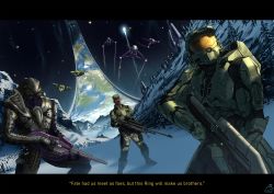 Rule 34 | 3boys, absurdres, alien, anti-materiel rifle, arbiter, armor, assault rifle, bad id, bad pixiv id, banshee (halo), brown eyes, bullpup, covenant carbine, dark-skinned male, dark skin, english text, green headwear, gun, halo (series), halo 2, highres, holding, holding gun, holding weapon, letterboxed, ma5, male focus, master chief, mcc-cookie, multiple boys, pelican (halo), power armor, rifle, science fiction, sergeant johnson, sniper rifle, snow, space, subtitled, thel&#039;vadam, tree, visor, weapon