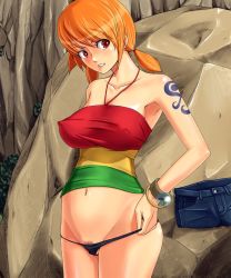 Rule 34 | 1girl, bangle, bottomless, bracelet, breasts, denim, denim shorts, covered erect nipples, female pubic hair, groin, halterneck, halterneck, hyper heiki, jewelry, large breasts, log pose, nami (one piece), navel, no pants, one piece, one piece: strong world, orange hair, panties, partially visible vulva, pubic hair, red eyes, shirt, short twintails, shorts, smile, solo, taono kinoko, tattoo, taut clothes, taut shirt, thong, twintails, underwear