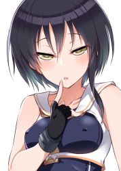 Rule 34 | 1girl, bare shoulders, black hair, blush, breasts, covered erect nipples, framed breasts, half-closed eyes, hirase yuu, i-13 (kancolle), kantai collection, looking at viewer, medium breasts, open mouth, short hair, simple background, solo, tongue, upper body, white background, yellow eyes