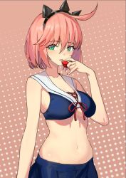 Rule 34 | ahoge, alternate hair length, alternate hairstyle, arm at side, bikini, bikini skirt, blue bikini, blush, breasts, cleavage, elphelt valentine, food, fruit, green eyes, guilty gear, hair between eyes, hairband, hand to own mouth, looking at viewer, medium breasts, navel, open mouth, pink background, pink hair, polka dot, polka dot background, sailor bikini, sailor collar, seinen, short hair, simple background, solo, strawberry, swimsuit, underboob
