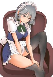 Rule 34 | 1girl, apron, black thighhighs, blue skirt, blue vest, bow, braid, breasts, buttons, chair, green bow, grey eyes, hair between eyes, hair bow, izayoi sakuya, knee up, light smile, looking at viewer, maid headdress, medium breasts, puffy short sleeves, puffy sleeves, pulled by self, shirt, short hair, short sleeves, silver hair, simple background, sitting, skirt, solo, takashi (harukasaigusa), thighhighs, thighhighs pull, touhou, twin braids, vest, waist apron, white background, white shirt