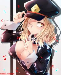 Rule 34 | 1girl, absurdres, artist name, black bodysuit, blonde hair, bodysuit, boku no hero academia, breasts, brown eyes, cleavage, commentary request, hand on headwear, hat, highres, invidiata, large breasts, long hair, long sleeves, looking at viewer, looking up, one eye closed, parted lips, peaked cap, solo, unzipped, upper body, utsushimi kemii