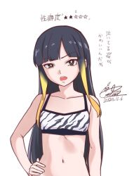Rule 34 | 1girl, black hair, blonde hair, breasts, bright pupils, camouflage sports bra, collarbone, cototiworld, dated, hand on own hip, highres, kuroyoru umidori, long hair, multicolored hair, navel, open mouth, signature, simple background, small breasts, solo, sports bra, teeth, toaru majutsu no index, toaru majutsu no index: new testament, translation request, two-tone hair, upper teeth only, white background, white pupils, white sports bra