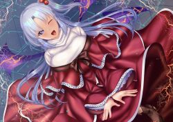 Rule 34 | 1girl, capelet, dress, hair bobbles, hair ornament, one side up, red capelet, red dress, ribbon, shinki (touhou), shounen (hogehoge), solo, touhou, touhou lostword, white hair, wings