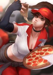 Rule 34 | 1girl, blurry, blurry background, breasts, brown hair, choker, cleavage, clothes around waist, collarbone, eating, elbow gloves, employee uniform, eyebrows, fingerless gloves, food, gloves, green eyes, highres, large breasts, league of legends, long hair, midriff, nose, pizza, pizza delivery sivir, ponytail, shirt, shorts, signature, sivir, solo, sparrowl, stuffed crust, t-shirt, thighhighs, uniform