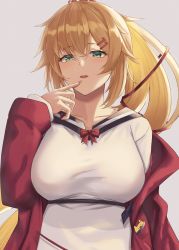 Rule 34 | 1girl, akai haato, akai haato (casual), blonde hair, bow, bowtie, breasts, collarbone, finger to mouth, green eyes, hair between eyes, hair ornament, highres, hololive, jacket, large breasts, looking at viewer, nail polish, open clothes, open jacket, parted lips, ponytail, red jacket, sidelocks, simple background, solo, virtual youtuber, white background, yamikyon
