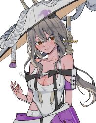 Rule 34 | 1girl, arm up, bare shoulders, breasts, brown eyes, cleavage, closed mouth, eli clark suki, goddess of victory: nikke, grey hair, hair between eyes, hand up, hat, highres, jingasa, large breasts, leotard, long hair, looking at viewer, scarlet (nikke), simple background, smile, solo, standing, thighhighs, white background, white leotard
