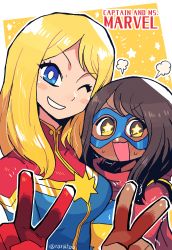 Rule 34 | 2girls, absurdres, animification, blonde hair, blue eyes, blush, breasts, bright pupils, brown hair, captain marvel, carol danvers, character name, commentary, domino mask, english commentary, eye mask, gloves, highres, jaggy lines, kamala khan, marvel, mask, medium breasts, ms. marvel, multiple girls, one eye closed, rariatto (ganguri), red gloves, red scarf, scarf, smile, star (symbol), star in eye, superhero costume, symbol in eye, twitter username, v, v-shaped eyebrows, white pupils