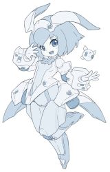 Rule 34 | 1girl, armor, blue theme, blush stickers, boots, creature, desktop army, gloves, greyscale, looking at viewer, monochrome, om (nk2007), running, short hair, simple background, smile, solo, standing, standing on one leg, white background