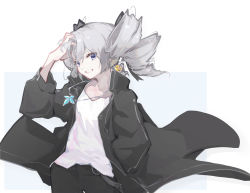 Rule 34 | 1girl, absurdres, black jacket, black pants, blue background, bow, bronya zaychik, drill hair, earrings, grey eyes, grey hair, grin, hair bow, hand in pocket, highres, honkai (series), honkai impact 3rd, jacket, jewelry, linxi, long sleeves, looking at viewer, necklace, open clothes, open jacket, pants, shirt, smile, solo, teeth, twin drills, two-tone background, white background, white shirt