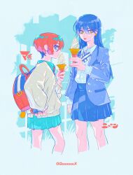 2girls :p absurdres amate_yuzuriha backpack bag blue_eyes blue_hair collared_shirt commentary_request copyright_name cropped_legs food gundam gundam_gquuuuuux hand_on_own_hip highres holding holding_phone ice_cream jacket long_hair long_sleeves looking_at_viewer multiple_girls mumumi necktie nyaan_(gundam_gquuuuuux) open_clothes open_jacket orange_eyes phone profile red_hair shirt short_hair skirt sweater tongue tongue_out