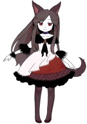 Rule 34 | 1girl, adapted costume, alternate costume, animal ears, ascot, brown hair, brown pantyhose, collar, dress, full body, imaizumi kagerou, iris anemone, jewelry, long hair, long sleeves, pantyhose, red eyes, simple background, smile, solo, tail, touhou, white background, wolf ears, wolf tail, wrist cuffs