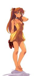 Rule 34 | 1girl, barefoot, blue eyes, dress, feet, highres, holding, holding shoes, long hair, looking at viewer, neon genesis evangelion, orange hair, shoes, souryuu asuka langley, squeezable (squeezabledraws), toes, unworn shoes