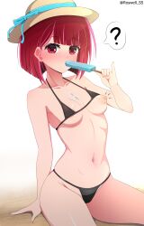 Rule 34 | 1girl, ?, absurdres, accidental exposure, arima kana, bikini, black bikini, bob cut, collarbone, commentary, english commentary, food, food in mouth, hat, highres, holding, holding food, holding popsicle, looking at viewer, micro bikini, navel, nipple slip, nipples, oshi no ko, paid reward available, pinky out, popsicle, popsicle in mouth, red eyes, red hair, roswell ss, short hair, simple background, solo, spoken question mark, sun hat, swimsuit, twitter username, wardrobe malfunction