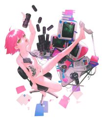 Rule 34 | 1girl, book stack, breasts, can, cd, chair, corded phone, drink, figure, holding with feet, headphones, highres, holding, holding phone, keyboard (computer), looking at viewer, medium hair, monitor, open mouth, orange eyes, original, panties, paper, phone, pink hair, reoen, small breasts, solo, table, tattoo, tongue, tongue out, topless, underwear, underwear only, white panties