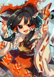 Rule 34 | 1girl, absurdres, ascot, bare shoulders, between fingers, black hair, bow, detached sleeves, hair bow, hair tubes, hakurei reimu, highres, holding, japanese clothes, long hair, matsukuzu, nontraditional miko, ofuda, ofuda between fingers, open mouth, red bow, red eyes, red skirt, ribbon-trimmed sleeves, ribbon trim, sidelocks, skirt, smile, solo, touhou, white sleeves, wide sleeves, yellow ascot