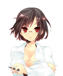 Rule 34 | 1girl, bad id, bad pixiv id, beniko, black hair, blood, breasts, cleavage, covering privates, durarara!!, glasses, no bra, open mouth, red eyes, scalpel, short hair, solo, sonohara anri