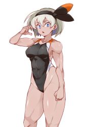 Rule 34 | 1girl, bea (pokemon), black hairband, blue eyes, breasts, competition swimsuit, covered erect nipples, covered navel, cowboy shot, creatures (company), dark-skinned female, dark skin, game freak, grey hair, hairband, hanzo (2929), multicolored clothes, multicolored swimsuit, muscular, muscular female, nintendo, one-piece swimsuit, open mouth, pokemon, pokemon swsh, small breasts, solo, swimsuit