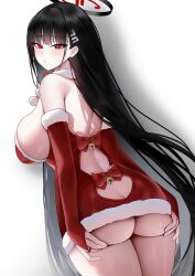 Rule 34 | 1girl, ass, black hair, blue archive, blush, breasts, bridal gauntlets, butt crack, closed mouth, cowboy shot, hair ornament, hairpin, halo, highres, large breasts, long hair, looking at viewer, picter, red eyes, rio (blue archive), santa costume, simple background, solo, white background