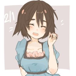 Rule 34 | 1girl, 5pb., blush, brown hair, closed eyes, dated, dress, female focus, holding, holding own hair, nitroplus, open mouth, science adventure, shiina mayuri, short hair, simple background, smile, solo, steins;gate, tagicrabbu