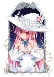 Rule 34 | 1girl, absurdres, blue bow, bow, breasts, cleavage, collar, covered navel, detached sleeves, hat, highres, kaku-san-sei million arthur, large breasts, long hair, million arthur (series), nimue (million arthur), pink hair, red eyes, simple background, solo, white background, white hat, witch hat, yingyemao