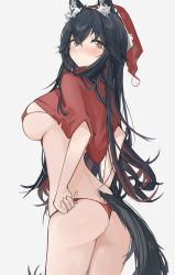 Rule 34 | 1girl, animal ears, arknights, ass, bikini, bikini pull, black hair, breasts, christmas, clothes lift, clothes pull, from behind, hat, highres, large breasts, looking at viewer, mikozin, navel, red bikini, santa bikini, santa costume, santa hat, shirt, shirt lift, simple background, solo, swimsuit, tail, texas (arknights), texas (winter messenger) (arknights), thighs, white background, wolf ears, wolf girl, wolf tail, yellow eyes