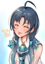 Rule 34 | 1girl, ahoge, artist logo, black hair, black neckerchief, black sailor collar, blue hair, closed eyes, commentary request, dated, gradient background, gradient hair, highres, kantai collection, ld (luna dial398), long hair, low twintails, multicolored hair, neckerchief, one-hour drawing challenge, ribbon, sailor collar, school uniform, serafuku, shirt, sleeveless, sleeveless shirt, smile, solo, suzukaze (kancolle), tehepero, tongue, tongue out, twintails, upper body, white background