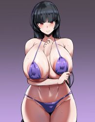 Rule 34 | 1girl, areola slip, arm between breasts, armpit crease, bare arms, bare shoulders, bikini, black hair, blunt bangs, blush, breast hold, breasts, cleavage, closed mouth, collarbone, cowboy shot, creatures (company), frown, game freak, groin, gym leader, hand on own chest, hand up, highres, hip focus, large breasts, long hair, looking at viewer, megao 3rd, navel, nervous, nintendo, pokemon, pokemon frlg, purple background, purple bikini, red eyes, sabrina (pokemon), solo, sweat, swimsuit, very long hair