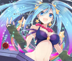 Rule 34 | 1girl, alternate costume, arcade sona, arm warmers, asamiyajy, blue eyes, blue hair, blue nails, blush, breasts, cleavage, crop top, earrings, fingerless gloves, gloves, jewelry, league of legends, long hair, looking at viewer, lots of jewelry, matching hair/eyes, nail polish, navel, open mouth, smile, solo, sona (league of legends), sparkle, star (symbol), twintails