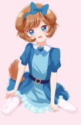 Rule 34 | 1girl, :d, absurdres, animal ears, belt, blue eyes, blush, child, delicious party precure, dog ears, dog tail, dress, hairband, highres, looking at viewer, mitaka, open mouth, pam-pam (precure), pink background, precure, short hair, simple background, sitting, smile, solo, tail, thighhighs, wariza, white thighhighs