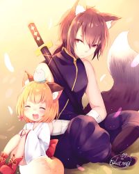 Rule 34 | 2girls, animal ear fluff, animal ears, back bow, black shirt, blonde hair, blush, bow, brown hair, chick on head, chita (ketchup), closed mouth, flower, fox ears, fox girl, fox tail, gradient background, hair between eyes, highres, holding, holding flower, indian style, japanese clothes, kimono, large bow, light brown background, light frown, multiple girls, open mouth, orange hair, original, red bow, red eyes, red footwear, round teeth, sheath, sheathed, shirt, shoes, short hair, sitting, sleeveless, sleeveless shirt, tail, teeth, twitter username, white kimono
