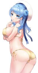 Rule 34 | 1girl, ass, back, bikini, blue eyes, blue hair, blush, breasts, cleavage, collarbone, double bun, gold bikini, hair bun, hat, highres, kantai collection, large breasts, looking at viewer, open mouth, sailor hat, senbei (senbe i), shiny swimsuit, smile, solo, swimsuit, urakaze (kancolle), white background, white hat