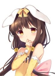 Rule 34 | 1girl, aimu (ai mu3), animal ears, back bow, bare shoulders, bow, brown hair, covering own mouth, flower knight girl, hair bow, helenium (flower knight girl), long hair, pink bow, rabbit ears, shy, simple background, solo, tears, upper body, white background, yellow bow, yellow eyes