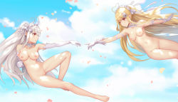 Rule 34 | 2girls, absurdres, ahoge, armpits, bad id, bad pixiv id, bare shoulders, blonde hair, blue sky, breasts, chinese commentary, cleavage, cleft of venus, cloud, commentary request, day, elbow gloves, feet, fine art parody, gloves, heart, heart ahoge, highres, legs, long hair, medium breasts, midair, multiple girls, niliu chahui, nipples, nude, original, outstretched arms, parody, petals, pussy, red eyes, siblings, silver hair, sisters, sky, smile, the creation of adam, tokisaki asaba (niliu chahui), tokisaki mio (niliu chahui), uncensored, underwear, veil, very long hair, white gloves