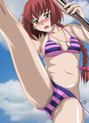 Rule 34 | 00s, 1girl, bar (place), bare shoulders, bikini, blush, braid, cloud, darker than black, day, green eyes, jewelry, leg up, long hair, looking away, navel, necklace, open mouth, partially visible vulva, pole, red hair, shioya, single braid, sky, solo, striped bikini, striped clothes, suou pavlichenko, swimsuit