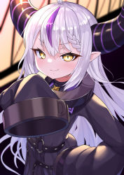 Rule 34 | 1girl, braid, closed mouth, collar, demon horns, dress, hair between eyes, highres, hololive, holox, horns, la+ darknesss, long hair, looking at viewer, multicolored hair, pointy ears, purple hair, silver hair, sleeves past fingers, sleeves past wrists, smile, solo, streaked hair, striped horns, templus, virtual youtuber, yellow eyes