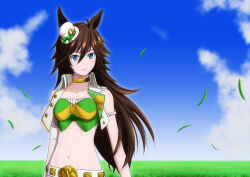 Rule 34 | 1girl, absurdres, animal ears, arm strap, ast-suzu, blue eyes, blue sky, bow, breasts, brown hair, choker, cloud, commentary request, crop top, day, grass, green bow, green shirt, hair between eyes, hat, hat bow, highres, horse ears, jacket, long hair, long sleeves, looking at viewer, medium breasts, midriff, mini hat, mini top hat, mr. c.b. (umamusume), navel, open clothes, open jacket, outdoors, partial commentary, shirt, single sleeve, sky, smile, solo, stomach, strapless, strapless shirt, top hat, umamusume, upper body, very long hair, white hat, white jacket, yellow choker