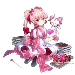 Rule 34 | 1girl, book stack, bow, copyright name, double bun, dress, full body, hair bow, hair ornament, heart, horns, looking at viewer, official art, pink bow, pink eyes, puffy short sleeves, puffy sleeves, red bow, seiza, short sleeves, simple background, sitting, solo, sukja, twintails, uchi no hime-sama ga ichiban kawaii, wand, waterark, white background, white dress