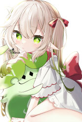 Rule 34 | 1girl, absurdres, alternate costume, alternate hairstyle, aranara (genshin impact), arm support, bent over, blush, bow, closed mouth, commentary request, dress, elf, genshin impact, gradient hair, green eyes, green hair, hair between eyes, hair bow, hair ribbon, highres, hug, long hair, looking at viewer, multicolored hair, nahida (genshin impact), pointy ears, poteo, red bow, ribbon, short sleeves, sidelocks, signature, simple background, sitting, symbol-shaped pupils, twintails, wariza, white background, white dress, white hair