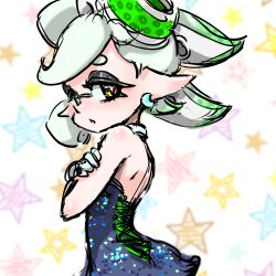 Rule 34 | 1girl, bare shoulders, black dress, cross-shaped pupils, crossed arms, detached collar, dress, earrings, gloves, green hair, highres, inkling, jewelry, koharu2.5, marie (splatoon), nintendo, object on head, pointy ears, red pupils, short dress, short eyebrows, short hair, sketch, solo, splatoon (series), splatoon 1, star (symbol), starry background, symbol-shaped pupils, tentacle hair, white gloves, yellow eyes