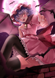 Rule 34 | 1girl, absurdres, back bow, bat (animal), bat wings, black thighhighs, blurry, blush, bow, breasts, brooch, collared shirt, depth of field, feet out of frame, fingernails, frilled shirt, frilled shirt collar, frilled skirt, frilled sleeves, frills, hand on own chest, hat, hat ribbon, highres, jewelry, looking at viewer, mahoro (minase mahoro), mob cap, moon, nail polish, open mouth, orange eyes, outdoors, pink hat, pink moon, pink shirt, pink skirt, pointing, pointing at viewer, puffy short sleeves, puffy sleeves, purple hair, red bow, red nails, red ribbon, remilia scarlet, ribbon, sharp fingernails, shirt, short sleeves, sitting, skirt, small breasts, solo, teeth, thighhighs, touhou, upper teeth only, wings, yellow brooch