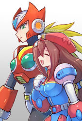Rule 34 | 1boy, 1girl, ^ ^, android, armor, belt, beret, blonde hair, breasts, brown hair, closed eyes, dress, forehead jewel, gloves, gradient background, green eyes, grey background, hair between eyes, hat, helmet, iris (mega man), izapara, joints, large breasts, long hair, low-tied long hair, mega man (series), mega man x4, mega man x (series), open mouth, ponytail, red armor, red hat, red helmet, robot, robot girl, robot joints, smile, solo, very long hair, white background, white gloves, zero (mega man)