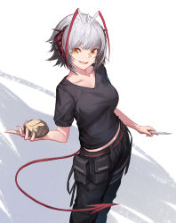 Rule 34 | 1girl, :d, ahoge, antennae, arknights, black pants, black shirt, breasts, collarbone, commentary, cowboy shot, highres, holding, holding knife, holding rock, holding weapon, horns, knife, looking at viewer, medium breasts, midriff peek, nian (zhanian), official alternate costume, open mouth, pants, potato, pouch, rock, shirt, short hair, short sleeves, silver hair, smile, solo, standing, tail, w (arknights), w (fugue) (arknights), weapon, white background, yellow eyes