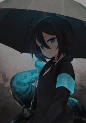 Rule 34 | 1girl, abstract background, armband, black hair, black jacket, black ribbon, blue armband, blue eyes, blue tongue, collared shirt, colored tongue, from side, glowing tentacles, grey background, grey umbrella, gudrn, hair over shoulder, highres, holding, holding umbrella, horns, indie virtual youtuber, jacket, long hair, long sleeves, looking at viewer, looking to the side, low twintails, neck ribbon, parted lips, ribbon, ringed eyes, shirt, smile, solo, standing, stitched neck, stitches, tentacles, twintails, umbrella, upper body, virtual youtuber, white shirt, yamata ia