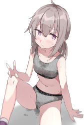 Rule 34 | 1girl, ahoge, breasts, calvin klein, cameltoe, commentary request, girls&#039; frontline, grey hair, hand on own knee, highres, knee up, m200 (girls&#039; frontline), midriff, navel, purple eyes, sabashi, simple background, sitting, small breasts, socks, solo, sports bra, sweat, underwear, v, white background