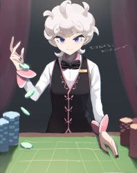 Rule 34 | 1boy, ahoge, alternate costume, bede (pokemon), black bow, black bowtie, black nails, black vest, blonde hair, bow, bowtie, buttons, casino, closed mouth, collared shirt, commentary request, creatures (company), curly hair, curtains, eyelashes, game freak, gvzzgl, hand up, looking at viewer, male focus, nail polish, nintendo, pokemon, pokemon swsh, poker chip, purple eyes, shirt, short hair, smile, solo, table, translated, vest, white shirt