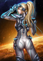 Rule 34 | 1girl, arm guards, armor, ass, blonde hair, bodysuit, breasts, from behind, goggles, goggles on head, gun, highres, hip armor, holding, holding gun, holding weapon, liang xing, lips, long hair, medium breasts, nova (starcraft), ponytail, shoulder armor, signature, skin tight, solo, starcraft, watermark, weapon, web address