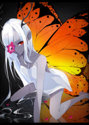 Rule 34 | 1girl, absurdres, animal print, antlers, bare arms, bare shoulders, barefoot, bug, butterfly, butterfly print, colored skin, deer antlers, dress, fairy, flower, food, fruit, goma irasuto, grey skin, highres, horns, insect, long hair, looking at viewer, orange (fruit), orange theme, original, white theme, wings