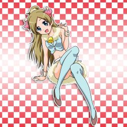 Rule 34 | 1girl, animal ears, arm support, blue eyes, blue thighhighs, brown footwear, brown hair, checkered background, crop top, full body, high heels, horns, leaning to the side, long hair, looking at viewer, midriff, minamino kanade, miniskirt, navel, nita (onakatohoppe), parted bangs, precure, pumps, sitting, skirt, sleeveless, solo, stomach, suite precure, thighhighs, very long hair, wrist cuffs, zettai ryouiki